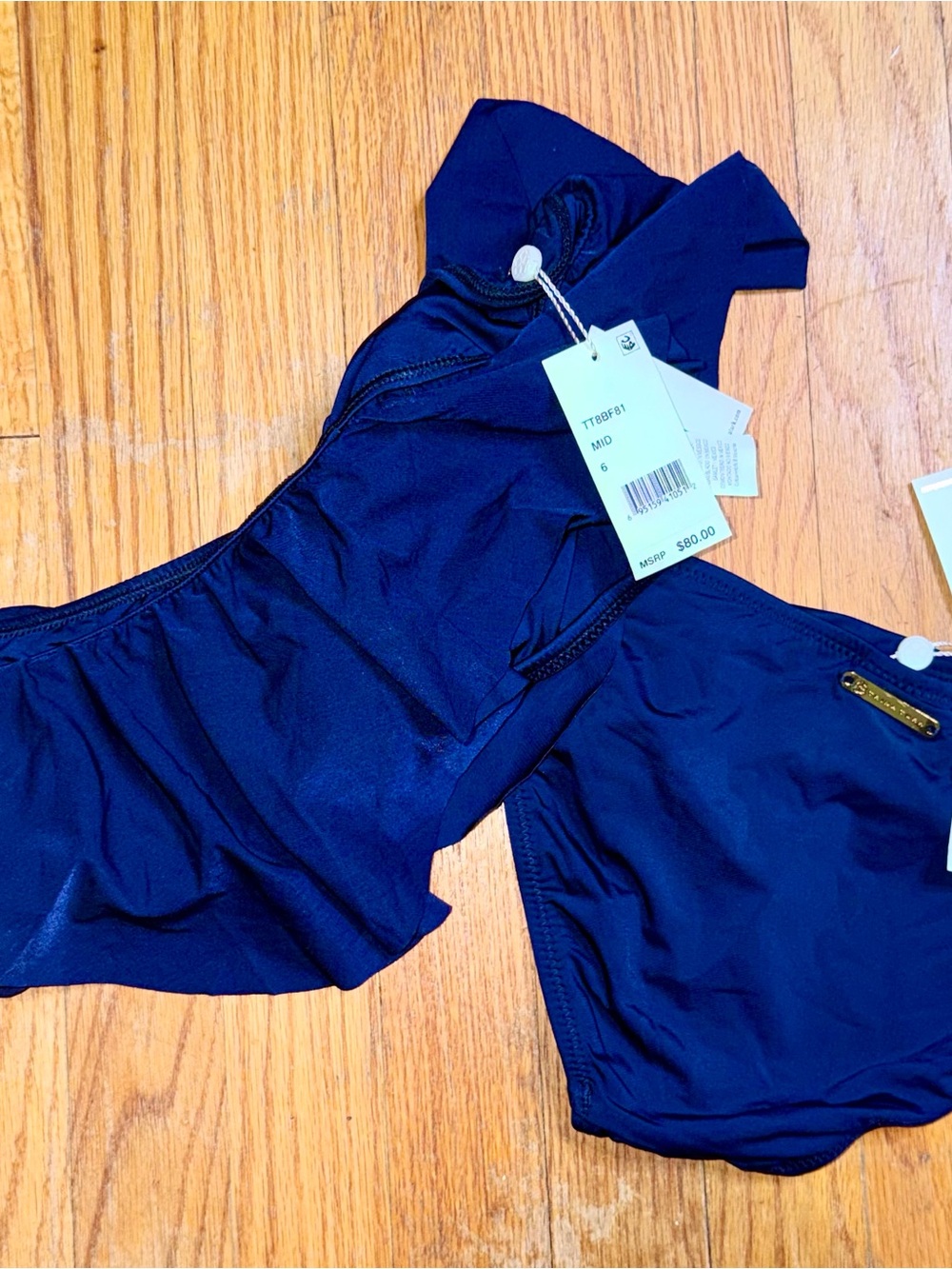 Trina Turk Navy Blue Ruffle Off-Shoulder Bikini Set